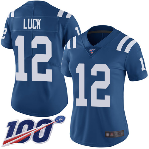 Colts #12 Andrew Luck Royal Blue Team Color Women's Stitched Football 100th Season Vapor Limited Jersey