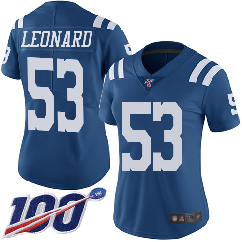 Colts #53 Darius Leonard Royal Blue Women's Stitched Football Limited Rush 100th Season Jersey