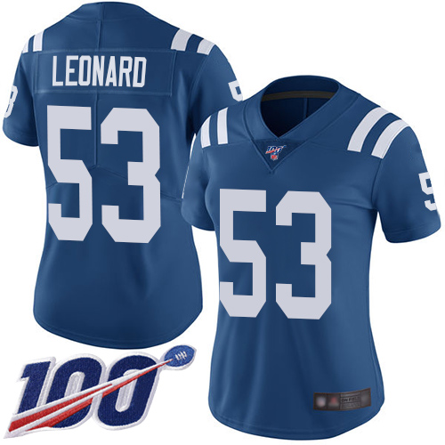Colts #53 Darius Leonard Royal Blue Team Color Women's Stitched Football 100th Season Vapor Limited Jersey