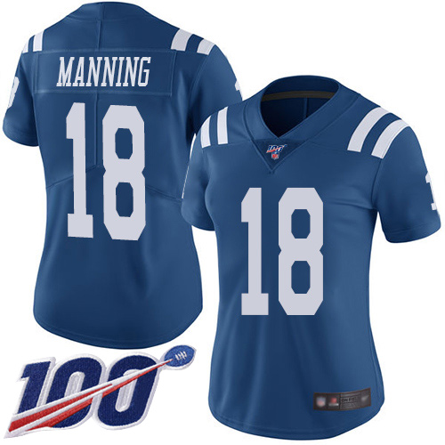 Colts #18 Peyton Manning Royal Blue Women's Stitched Football Limited Rush 100th Season Jersey