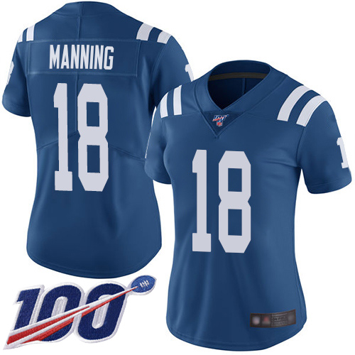 Colts #18 Peyton Manning Royal Blue Team Color Women's Stitched Football 100th Season Vapor Limited Jersey