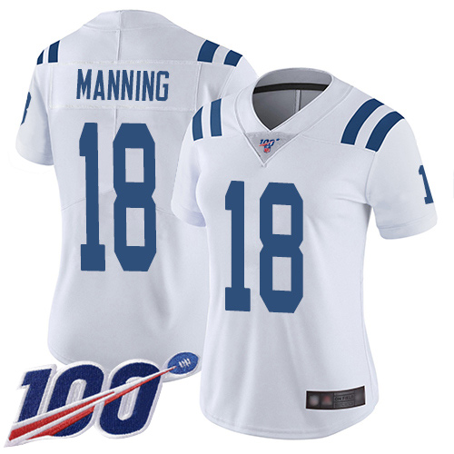 Colts #18 Peyton Manning White Women's Stitched Football 100th Season Vapor Limited Jersey
