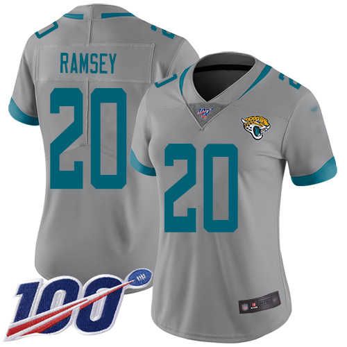 Jaguars #20 Jalen Ramsey Silver Women's Stitched Football Limited Inverted Legend 100th Season Jersey