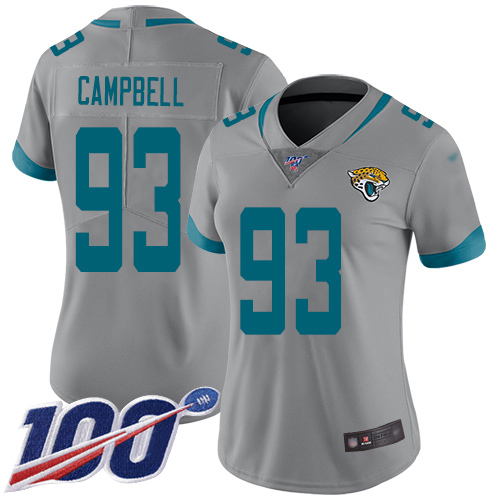Jaguars #93 Calais Campbell Silver Women's Stitched Football Limited Inverted Legend 100th Season Jersey