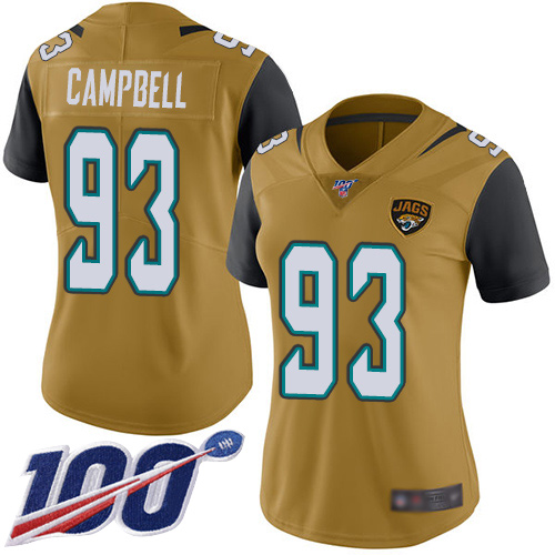 Jaguars #93 Calais Campbell Gold Women's Stitched Football Limited Rush 100th Season Jersey