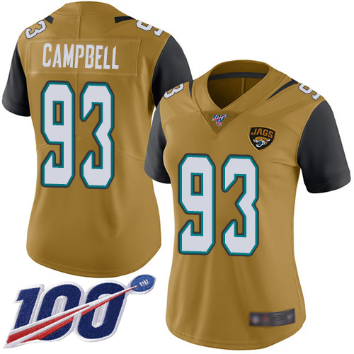 Jaguars #93 Calais Campbell Gold Women's Stitched Football Limited Rush 100th Season Jersey Jaguars #93 Calais Campbell Gold Women's Stitched Football Limited Rush 100th Season Jersey