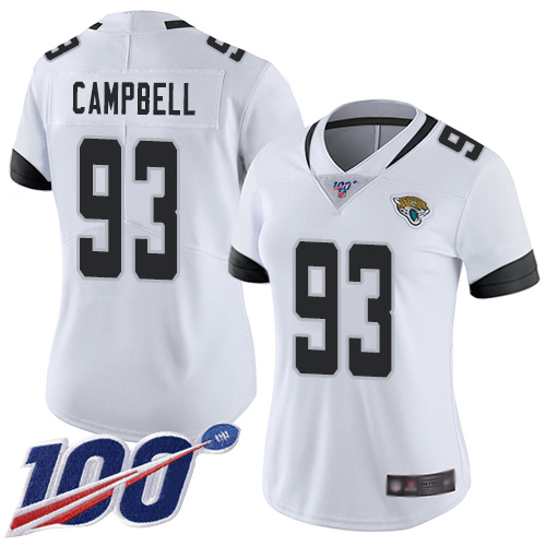 Jaguars #93 Calais Campbell White Women's Stitched Football 100th Season Vapor Limited Jersey