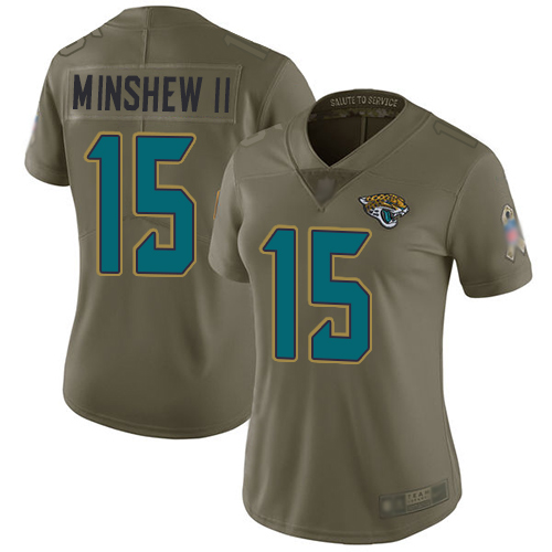 Jaguars #15 Gardner Minshew II Olive Women's Stitched Football Limited 2017 Salute to Service Jersey Jaguars #15 Gardner Minshew II Olive Women's Stitched Football Limited 2017 Salute to Service Jersey