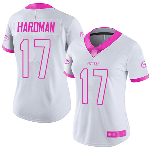 Chiefs #17 Mecole Hardman White/Pink Women's Stitched Football Limited Rush Fashion Jersey