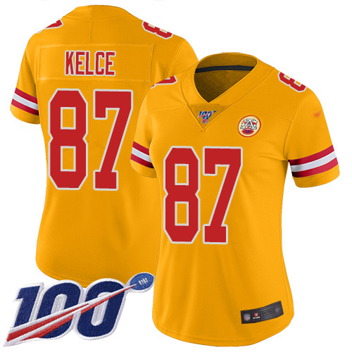 Chiefs #87 Travis Kelce Gold Women's Stitched Football Limited Inverted Legend 100th Season Jersey