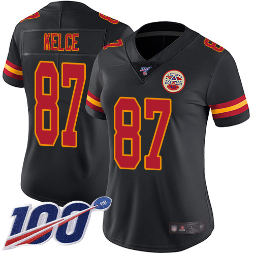Chiefs #87 Travis Kelce Black Women's Stitched Football Limited Rush 100th Season Jersey