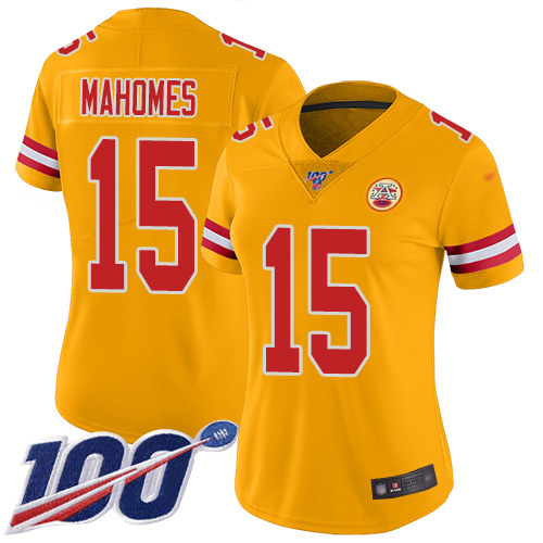 Chiefs #15 Patrick Mahomes Gold Women's Stitched Football Limited Inverted Legend 100th Season Jersey