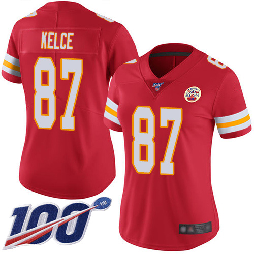 Chiefs #87 Travis Kelce Red Team Color Women's Stitched Football 100th Season Vapor Limited Jersey