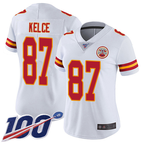 Chiefs #87 Travis Kelce White Women's Stitched Football 100th Season Vapor Limited Jersey