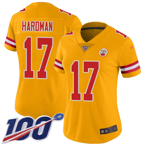 Chiefs #17 Mecole Hardman Gold Women's Stitched Football Limited Inverted Legend 100th Season Jersey
