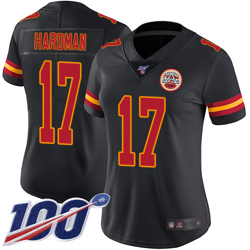 Chiefs #17 Mecole Hardman Black Women's Stitched Football Limited Rush 100th Season Jersey
