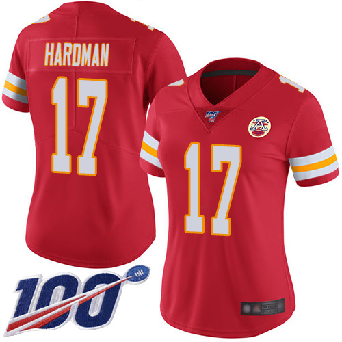 Chiefs #17 Mecole Hardman Red Team Color Women's Stitched Football 100th Season Vapor Limited Jersey