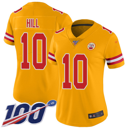 Chiefs #10 Tyreek Hill Gold Women's Stitched Football Limited Inverted Legend 100th Season Jersey