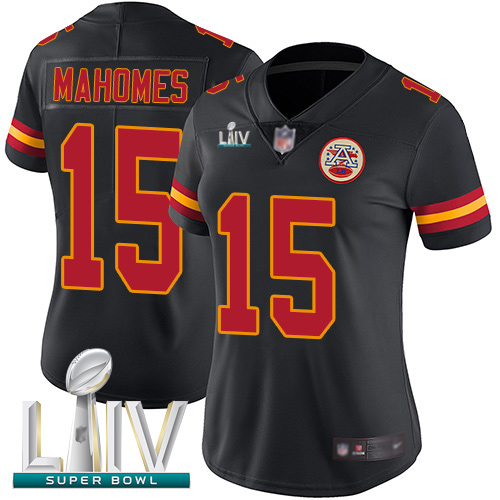 Chiefs #15 Patrick Mahomes Black Super Bowl LIV Bound Women's Stitched Football Limited Rush Jersey