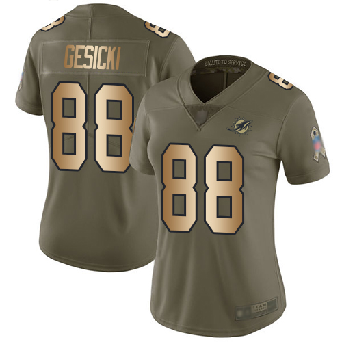 Dolphins #88 Mike Gesicki Olive/Gold Women's Stitched Football Limited 2017 Salute to Service Jersey