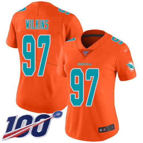 Dolphins #97 Christian Wilkins Orange Women's Stitched Football Limited Inverted Legend 100th Season Jersey