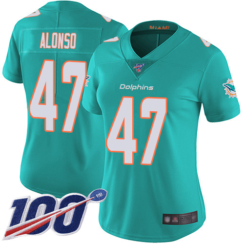 Dolphins #47 Kiko Alonso Aqua Green Team Color Women's Stitched Football 100th Season Vapor Limited Jersey