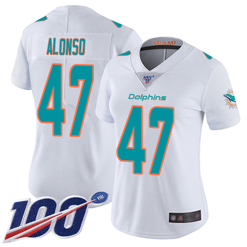 Dolphins #47 Kiko Alonso White Women's Stitched Football 100th Season Vapor Limited Jersey