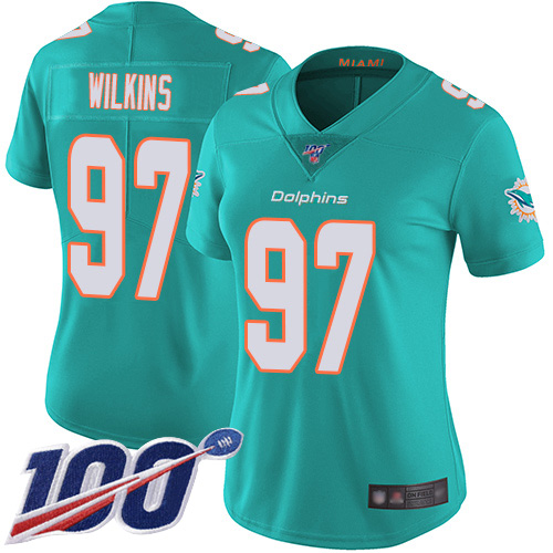 Dolphins #97 Christian Wilkins Aqua Green Team Color Women's Stitched Football 100th Season Vapor Limited Jersey