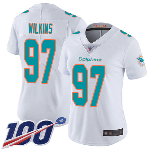 Dolphins #97 Christian Wilkins White Women's Stitched Football 100th Season Vapor Limited Jersey