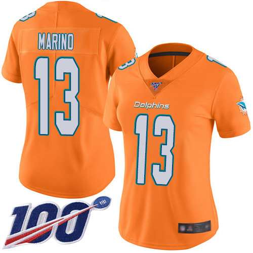 Dolphins #13 Dan Marino Orange Women's Stitched Football Limited Rush 100th Season Jersey