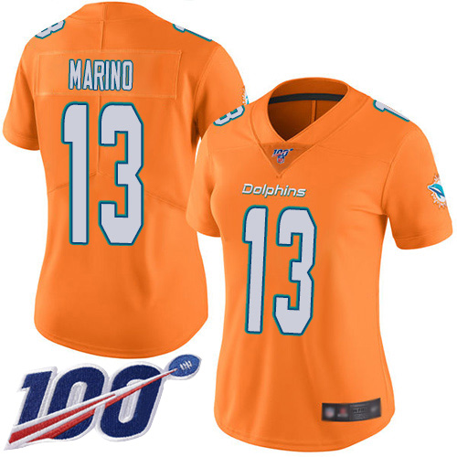 Dolphins #13 Dan Marino Orange Women's Stitched Football Limited Rush 100th Season Jersey Dolphins #13 Dan Marino Orange Women's Stitched Football Limited Rush 100th Season Jersey
