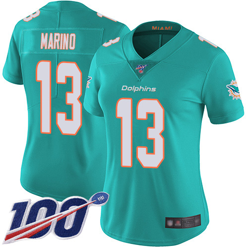 Dolphins #13 Dan Marino Aqua Green Team Color Women's Stitched Football 100th Season Vapor Limited Jersey