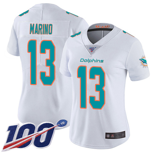 Dolphins #13 Dan Marino White Women's Stitched Football 100th Season Vapor Limited Jersey