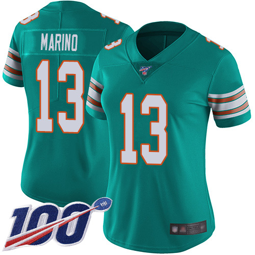 Dolphins #13 Dan Marino Aqua Green Alternate Women's Stitched Football 100th Season Vapor Limited Jersey Dolphins #13 Dan Marino Aqua Green Alternate Women's Stitched Football 100th Season Vapor Limited Jersey