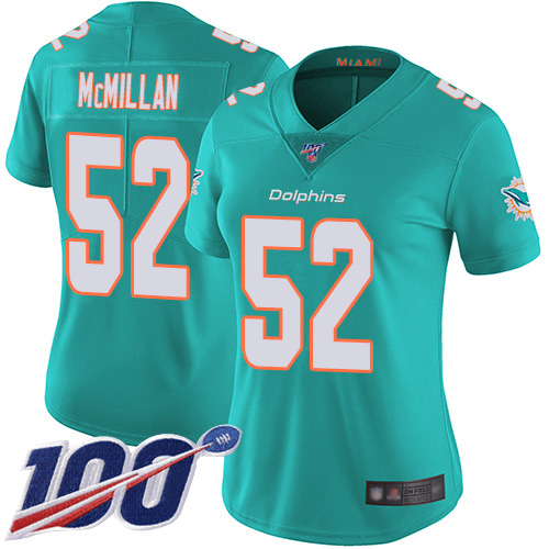 Dolphins #52 Raekwon McMillan Aqua Green Team Color Women's Stitched Football 100th Season Vapor Limited Jersey