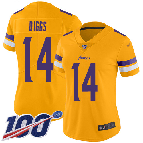 Vikings #14 Stefon Diggs Gold Women's Stitched Football Limited Inverted Legend 100th Season Jersey