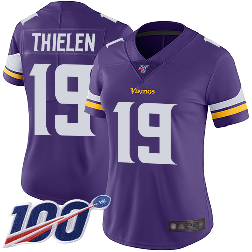 Vikings #19 Adam Thielen Purple Team Color Women's Stitched Football 100th Season Vapor Limited Jersey