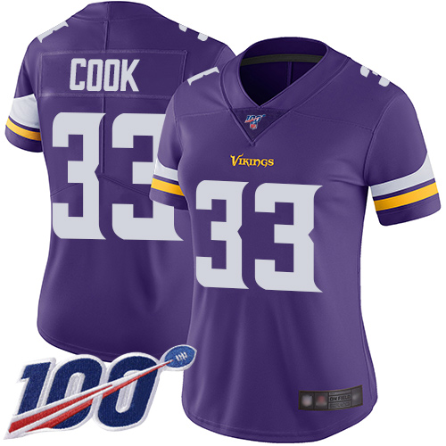 Vikings #33 Dalvin Cook Purple Team Color Women's Stitched Football 100th Season Vapor Limited Jersey