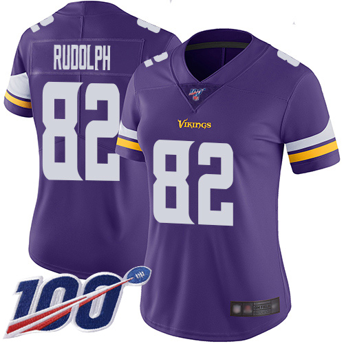 Vikings #82 Kyle Rudolph Purple Team Color Women's Stitched Football 100th Season Vapor Limited Jersey