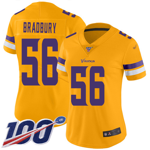Vikings #56 Garrett Bradbury Gold Women's Stitched Football Limited Inverted Legend 100th Season Jersey Vikings #56 Garrett Bradbury Gold Women's Stitched Football Limited Inverted Legend 100th Season Jersey