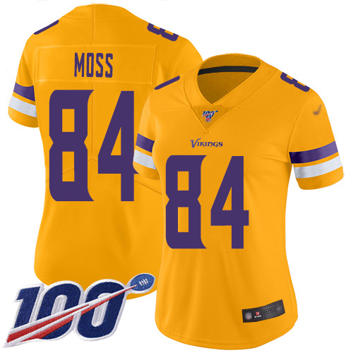 Vikings #84 Randy Moss Gold Women's Stitched Football Limited Inverted Legend 100th Season Jersey