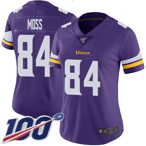 Vikings #84 Randy Moss Purple Team Color Women's Stitched Football 100th Season Vapor Limited Jersey