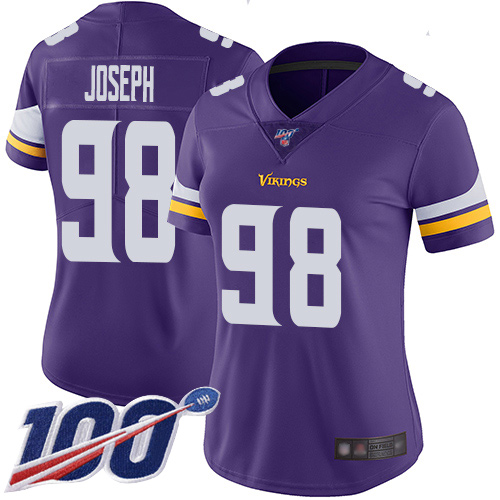 Vikings #98 Linval Joseph Purple Team Color Women's Stitched Football 100th Season Vapor Limited Jersey