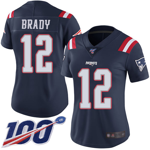 Patriots #12 Tom Brady Navy Blue Women's Stitched Football Limited Rush 100th Season Jersey