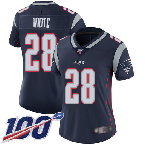 Patriots #28 James White Navy Blue Team Color Women's Stitched Football 100th Season Vapor Limited Jersey