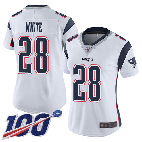 Patriots #28 James White White Women's Stitched Football 100th Season Vapor Limited Jersey