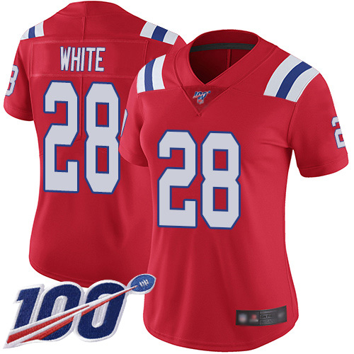 Patriots #28 James White Red Alternate Women's Stitched Football 100th Season Vapor Limited Jersey