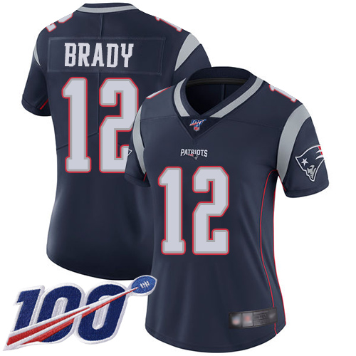 Patriots #12 Tom Brady Navy Blue Team Color Women's Stitched Football 100th Season Vapor Limited Jersey