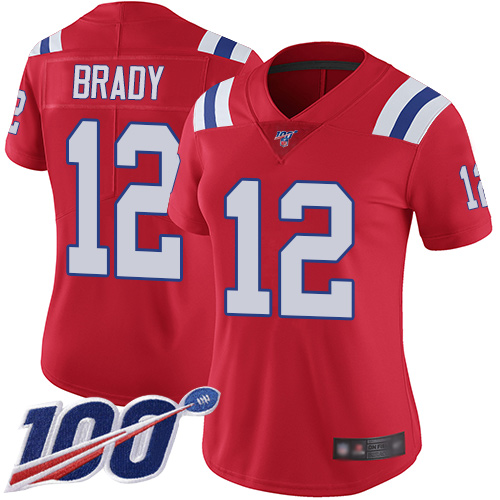 Patriots #12 Tom Brady Red Alternate Women's Stitched Football 100th Season Vapor Limited Jersey