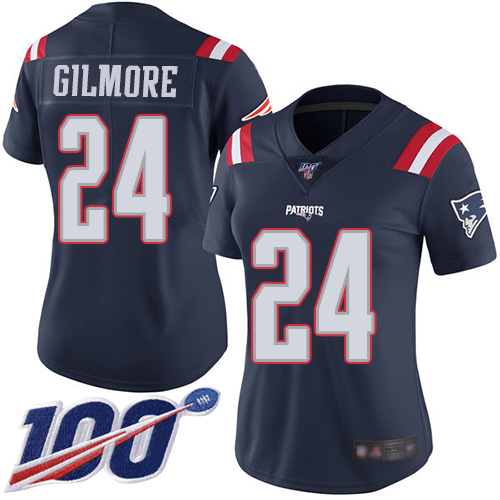Patriots #24 Stephon Gilmore Navy Blue Women's Stitched Football Limited Rush 100th Season Jersey